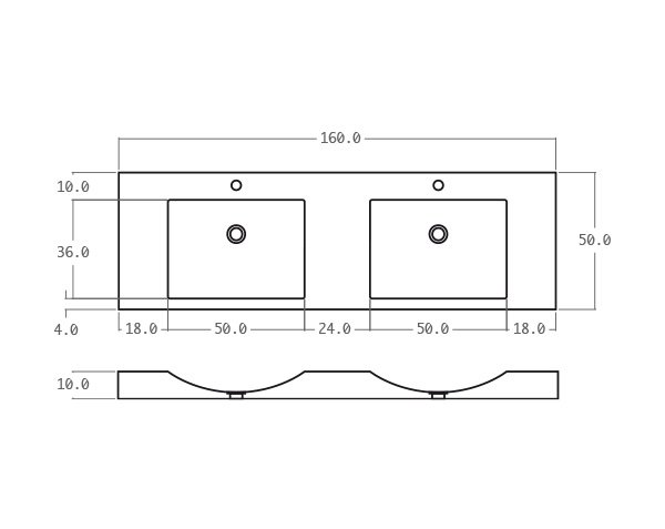 Double bowls washbasin in limestone - Technical plan 160 cm