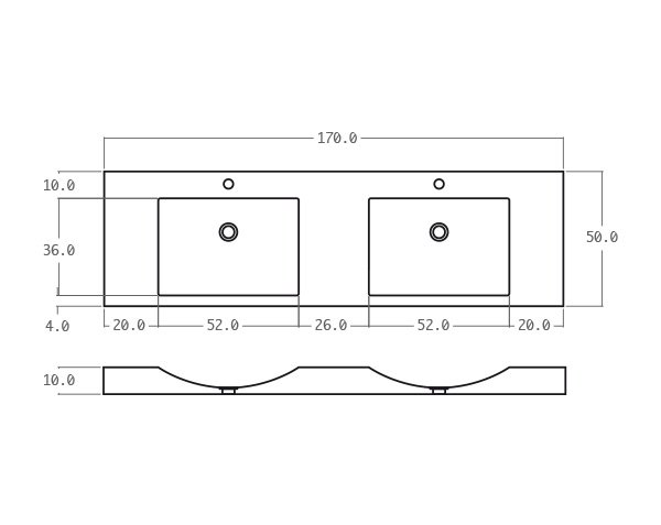 Double bowls washbasin in limestone - Technical plan 170 cm