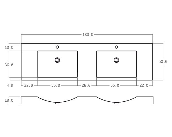 Double bowls washbasin in limestone - Technical plan 180 cm