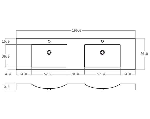 Double bowls washbasin in limestone - Technical plan 190 cm