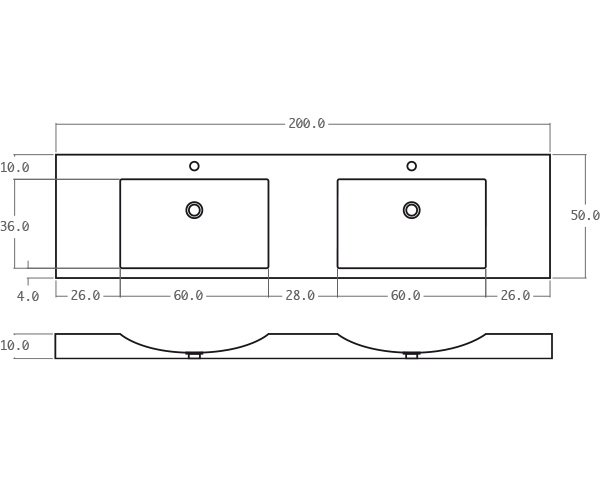 Double bowls washbasin in limestone - Technical plan 200 cm