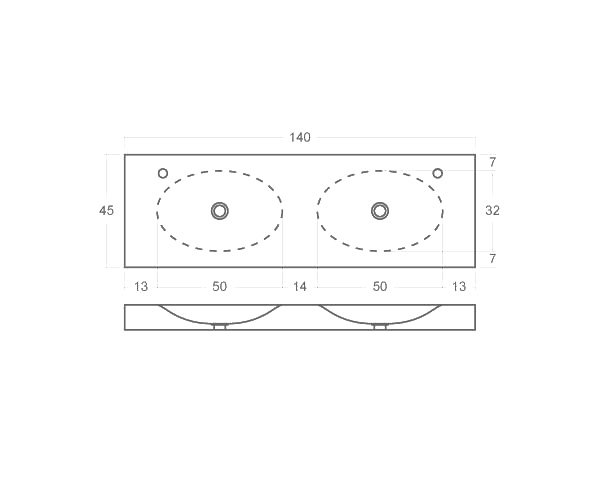 Round washbasin with double bowls - Technical plan 140 cm