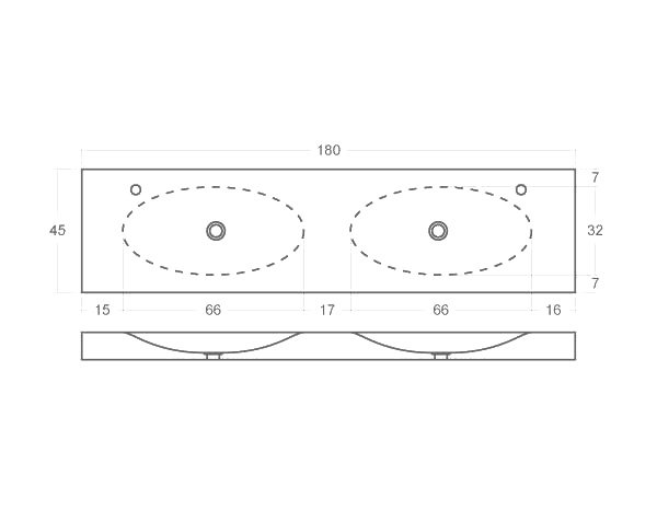 Round washbasin with double bowls - Technical plan 180 cm