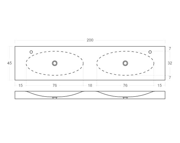Round washbasin with double bowls - Technical plan 200 cm