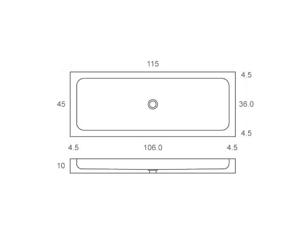 Rectangular washbasin in limestone - Technical plan 115 cm