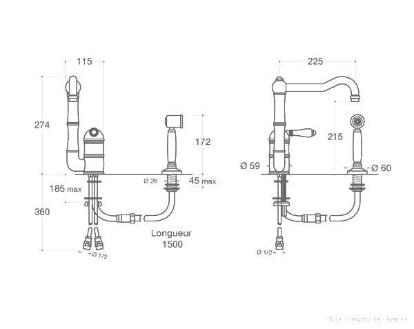 Bastide tap with shower head Fittings - Technical plan
