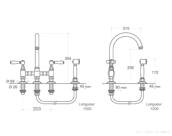 Sénanque tap with shower head - Technical plan Sénanque tap with shower head - Technical plan